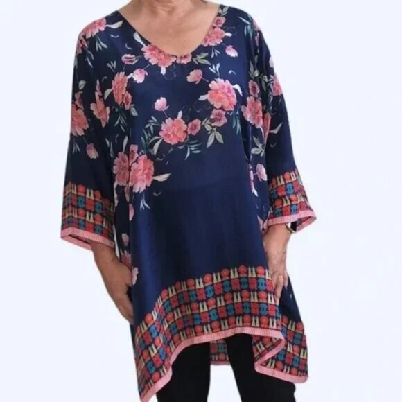 Johnny Was Zado Floral Print Women's V-Neck Georgette Tunic Top - Picture 3 of 10